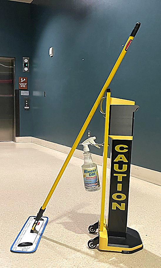 Safety Illuminator caution cone with mop and Kleenz Dri spray bottle