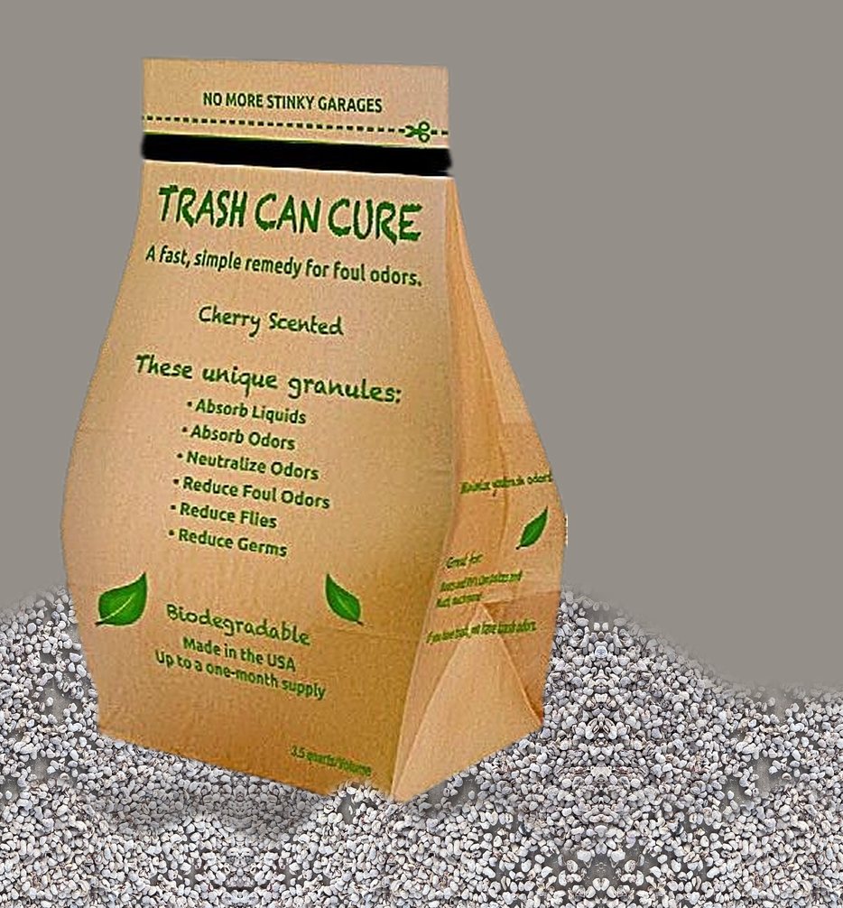 Trash Can Cure bag sitting in its odor control granules